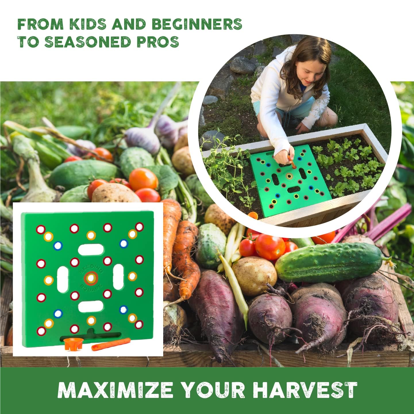 Seeding Square - Patented Seed and Seedling Spacer Tool for Bigger Harvests, Organized Plants & Fewer Weeds – Color-Coded Gardening Template with Magnetic Dibber, Ruler & Planting Guide