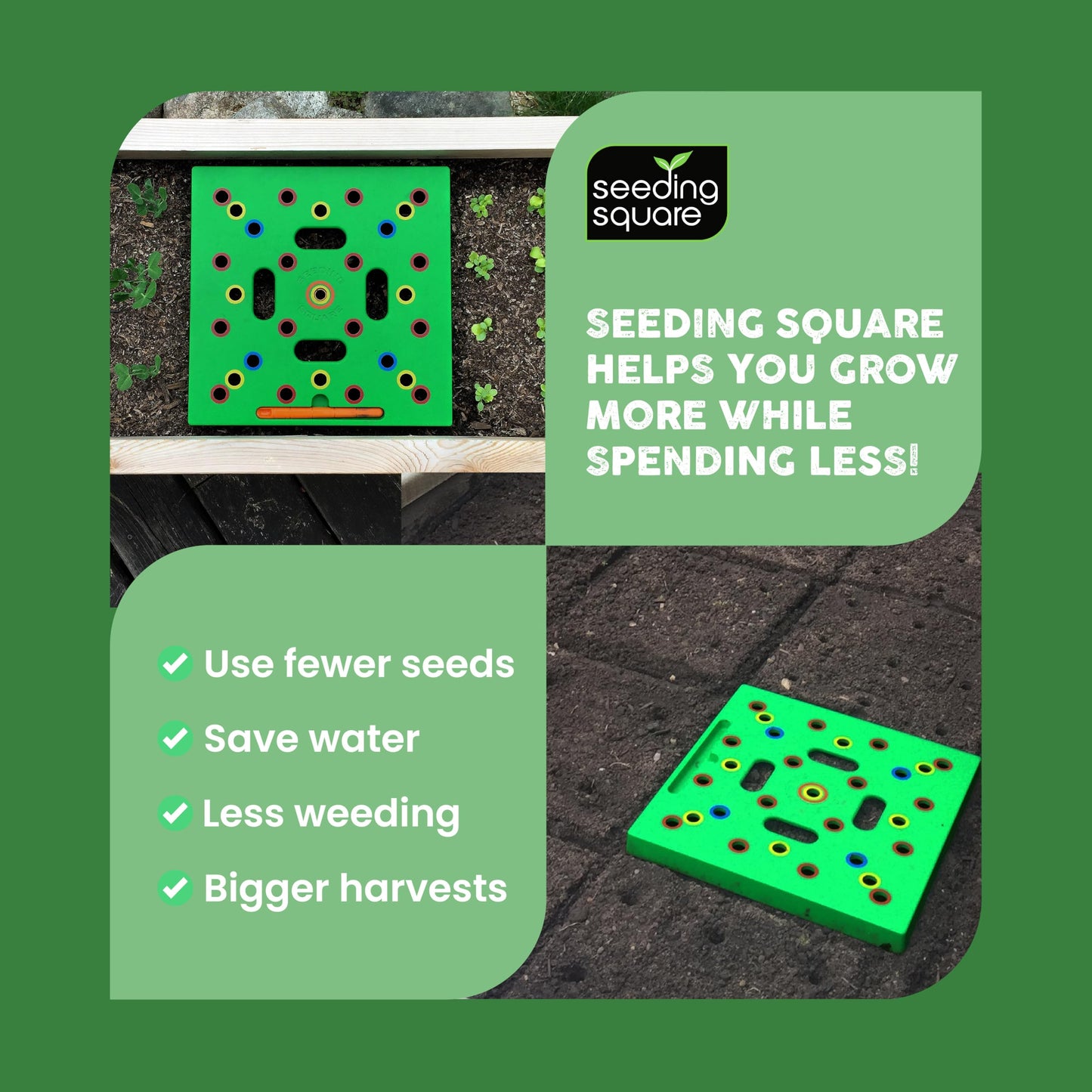 Seeding Square - Patented Seed and Seedling Spacer Tool for Bigger Harvests, Organized Plants & Fewer Weeds – Color-Coded Gardening Template with Magnetic Dibber, Ruler & Planting Guide