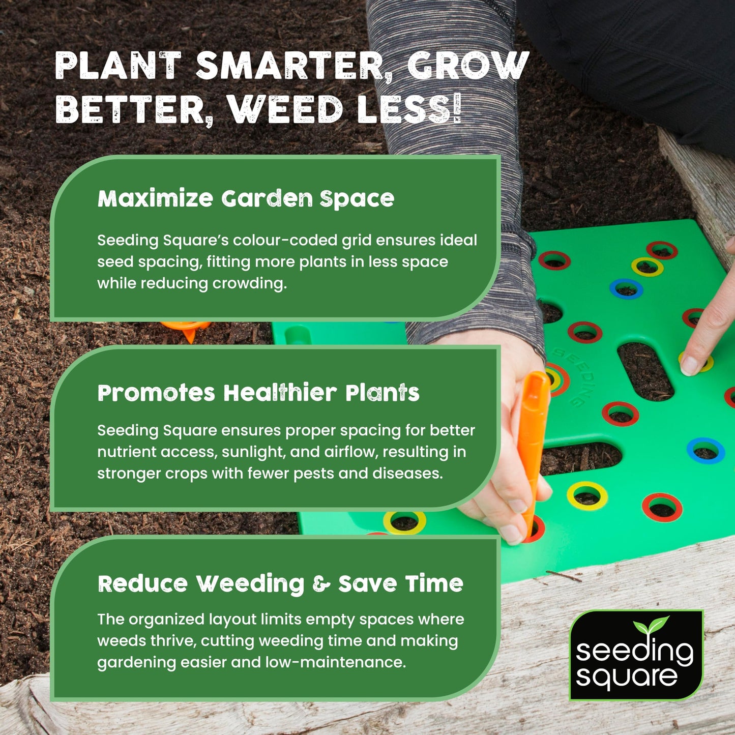 Seeding Square - Patented Seed and Seedling Spacer Tool for Bigger Harvests, Organized Plants & Fewer Weeds – Color-Coded Gardening Template with Magnetic Dibber, Ruler & Planting Guide