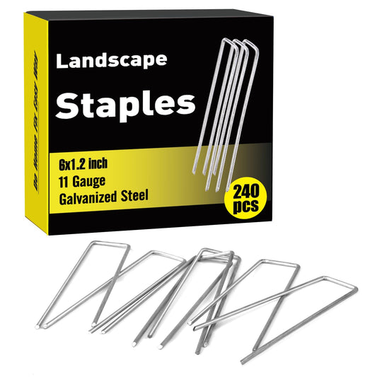 HongWay 240 Pack 6 Inch Landscape Staples, Garden Staples Galvanized Landscaping Fabric Pins 11 Gauge U-Shaped