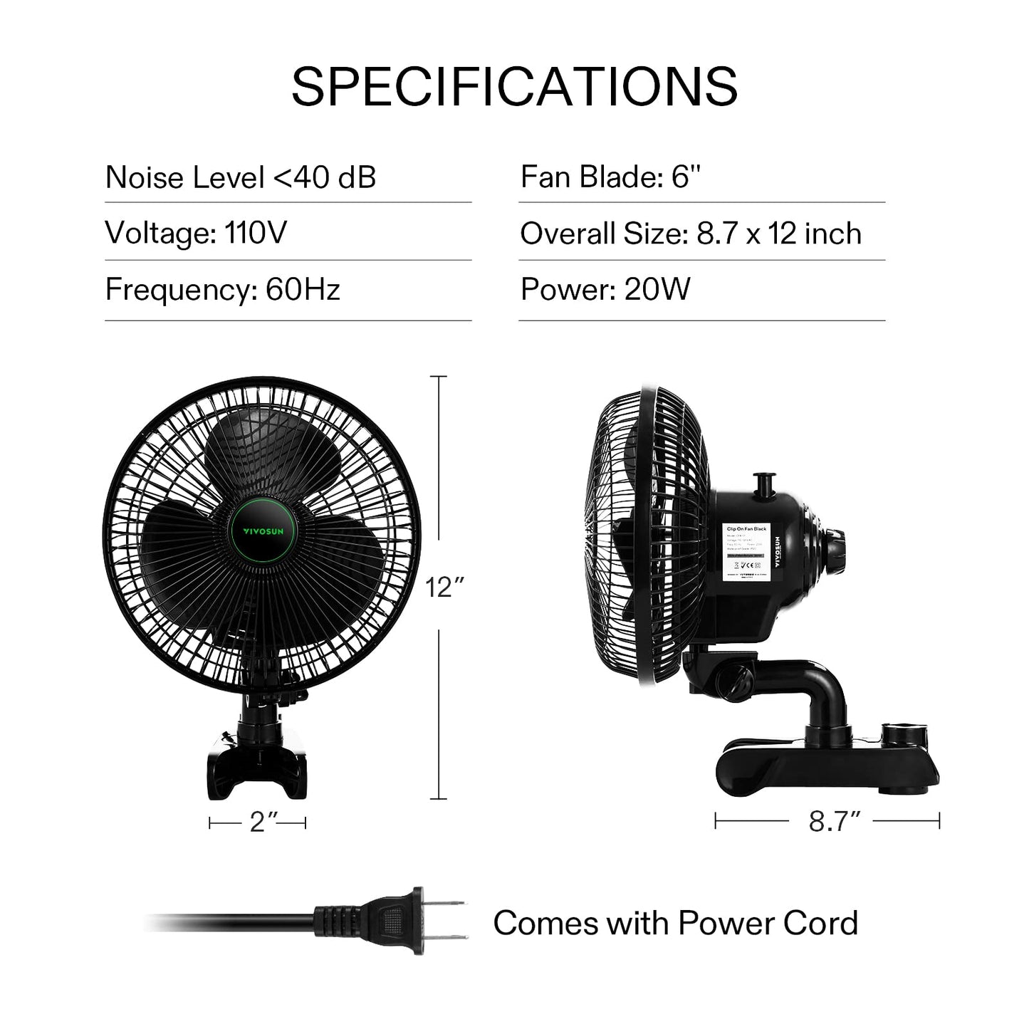 VIVOSUN AeroWave A6 6-Inch Clip-on Fan, Patented Portable Indoor Fan with Clip, 2-Speed Adjustment, Cord, Strong Airflow but Low Noise, and Fully-Adjustable Tilt for Grow Tent, Black, 1-Pack