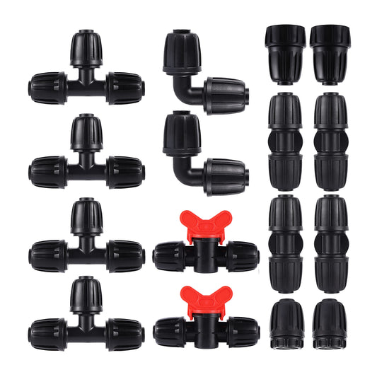 16 Pcs 1/2 inch Tubing Irrigation Fittings Kit, For (1/2" ID x0.6-0.63" OD) 16mm Drip Tubing Barbed Locked Nuts Connectors 2 Ends,2 Elbows,2 Switch Valves,2 US Standard Adapters,4 Tees 4 Couplings